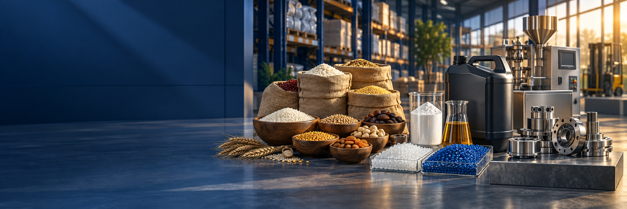 A curated display of agricultural goods, raw materials and industrial equipment in a modern warehouse